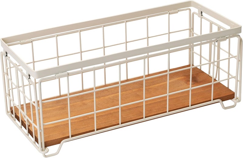 TIEYIPIN Metal Wire Storage Basket, Toilet Paper Roll Holder Wood Base Countertop Decor Box Toilet Tank Shelf Cabinet Organizer for Bathroom Pantry Garage Bedroom Livingroom - Cream White - Image 1